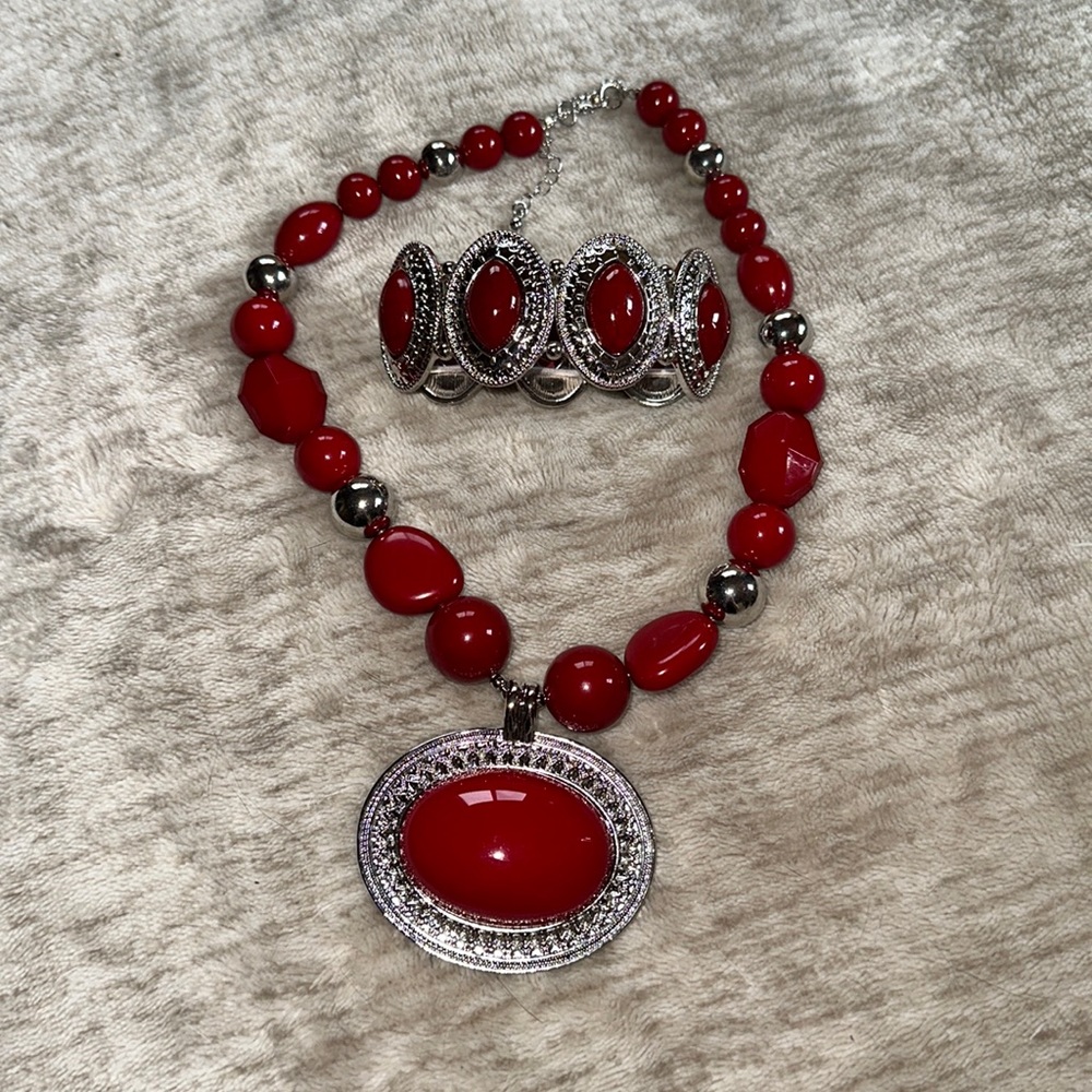 Red and Silvertone Necklace & Bracelet Set